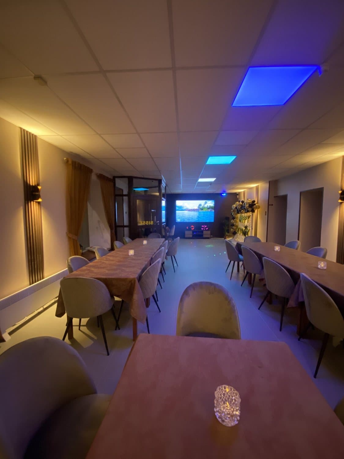 The event hall in evening light